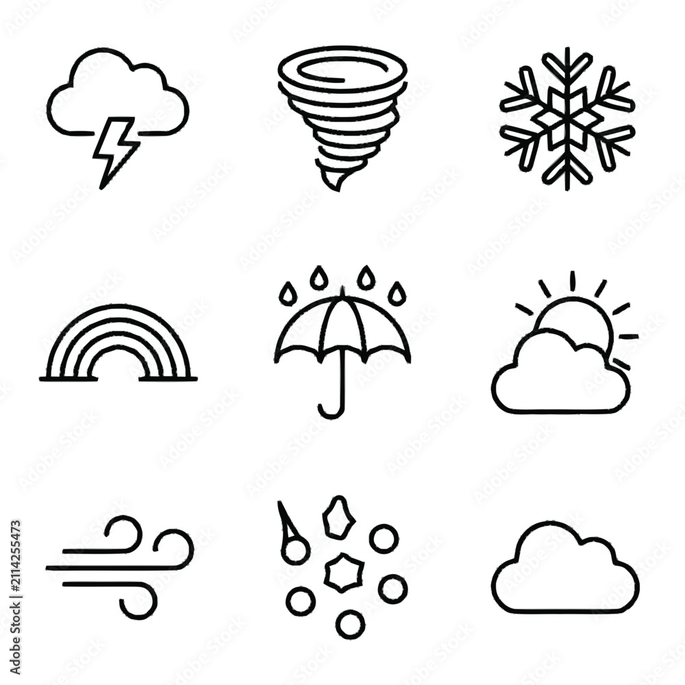 Obraz premium Set of nine weather icons in black line art style.