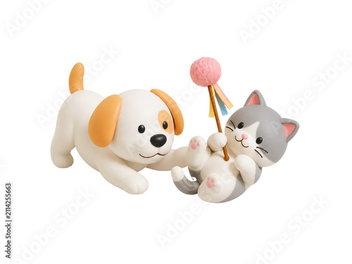 Playful Puppy and Kitten with Pink Pom-Pom