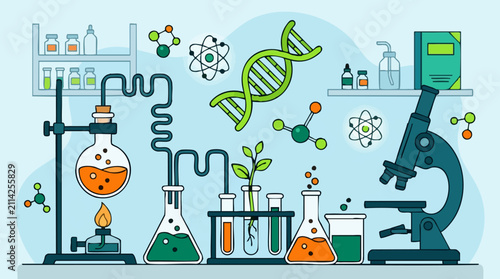 Colorful Science Laboratory with Chemistry and Biology Elements