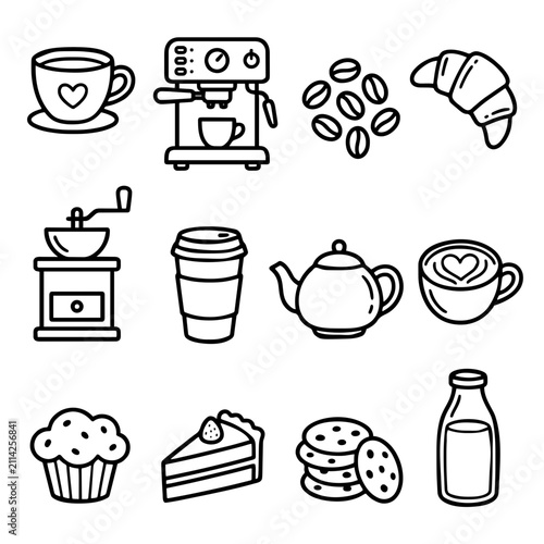 Cute Coffee Shop Doodle Collection Black and White Vector Icons