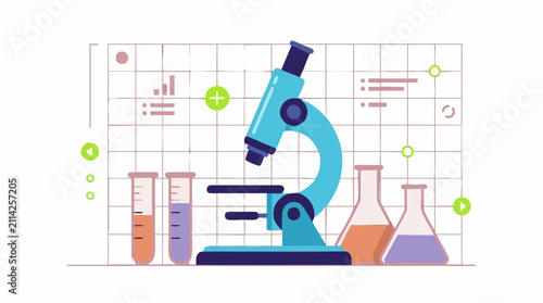 Science lab illustration with microscope, test tubes, and data visualization