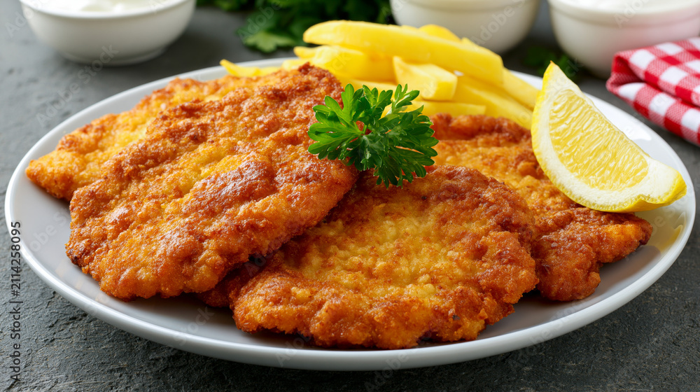 Fototapeta premium Breaded pork schnitzel with crispy fries, lemon wedge and parsley garnish on white plate