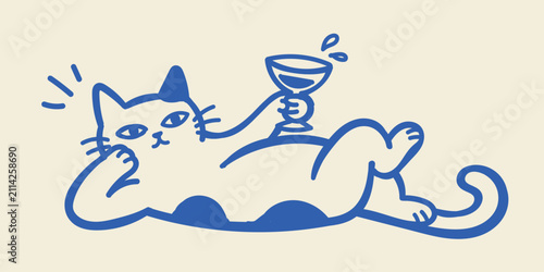 Cute Relaxed Cat Holding Wine Glass Hand Drawn Naive Doodle Vector Illustration, Funny Feline Character in Minimal Line Art for Pet Lovers, Wine Lovers, Greeting Cards, Stickers, Posters and Social Me