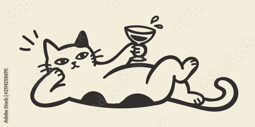 Cute Relaxed Cat Holding Wine Glass Hand Drawn Naive Doodle Vector Illustration, Funny Feline Character in Minimal Line Art for Pet Lovers, Wine Lovers, Greeting Cards, Stickers, Posters and Social Me