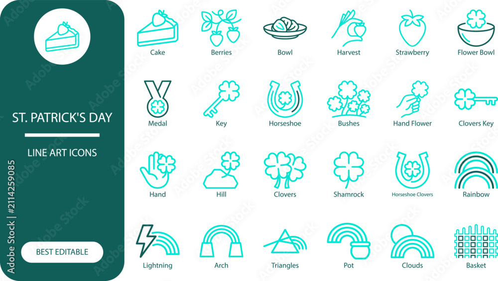 Fototapeta premium St. Patrick's Day outline icon set. Minimal vector symbols of clover, horseshoe, rainbow and leprechaun elements for holiday design.