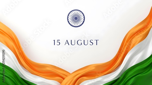 A festive background celebrating india happy independence day with tricolor fabric waves and the ashoka chakra emblem on white space
