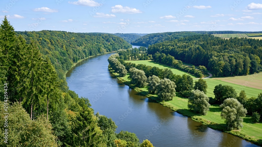 Obraz premium Scenic aerial view of a wide, winding river flowing through lush green forests and rolling hills under a clear blue sky