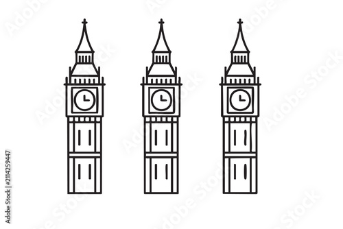 Big Ben Clock Tower Black Vector Icon Set Isolated on White Background