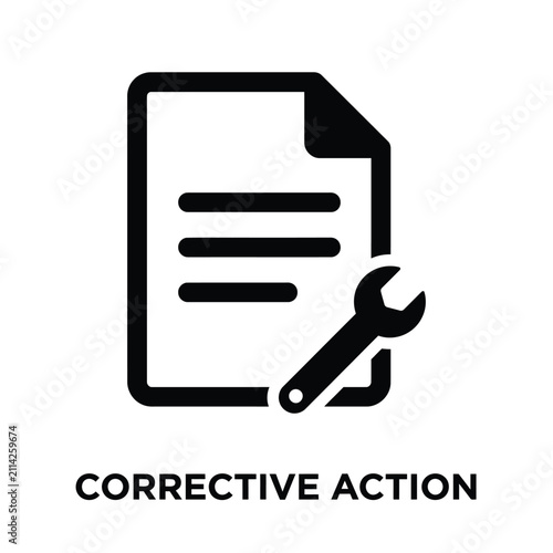 Corrective action icon featuring a document with lines and a wrench black silhouette on white maintenance repair file wrench