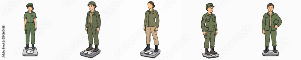 Obraz premium Set of vector illustrations of a female soldier weighing herself