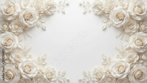 Elegant floral border frame made of ivory white roses, clean white background, chic romantic graceful botanical backdrop for wedding invitation and greeting card, ideal for bridal event