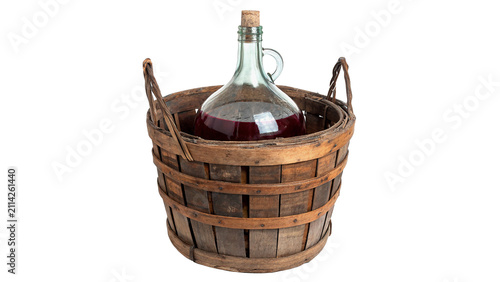 фотографія Large glass wine carboy in wicker basket case isolated on transparent background