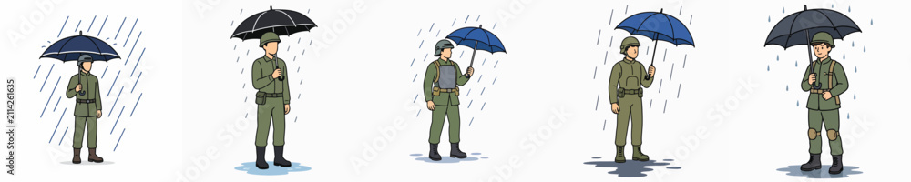 Obraz premium Set of vector illustrations of soldiers using umbrellas in the rain.