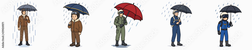 Obraz premium Set of vector illustrations of soldiers using umbrellas in the rain.