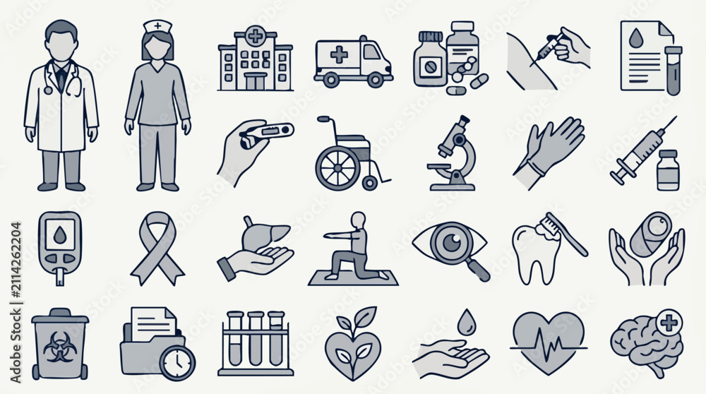 Naklejka premium Medical and Healthcare Line Art Icons Collection