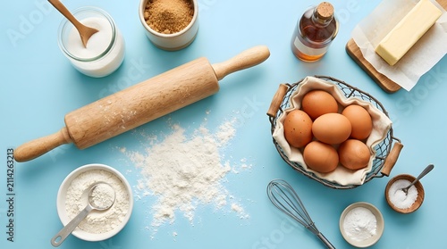 Fresh Baking Ingredients and Rolling Pin on Blue Surface