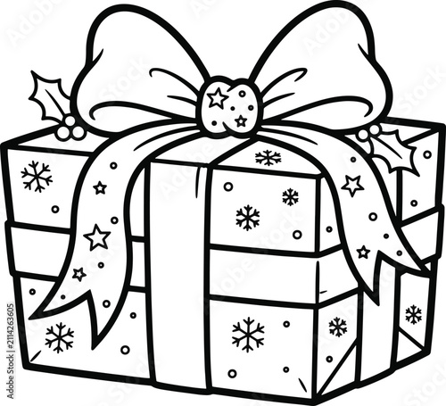 Black and white gift box with bow and holly holiday illustration