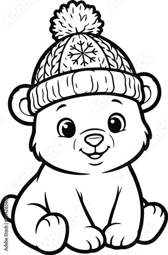 Cute cartoon polar bear cub wearing a winter hat black and white line art