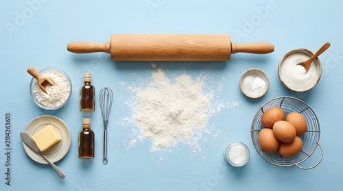 Raw baking ingredients flat lay on a light blue background surface