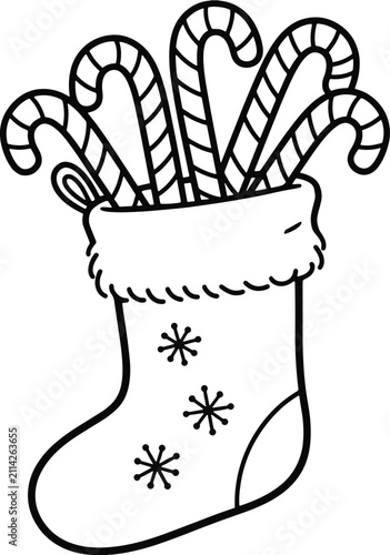 Christmas stocking filled with candy canes black and white illustration