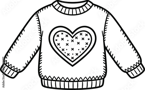 Heart motif sweater outline black and white fashion illustration