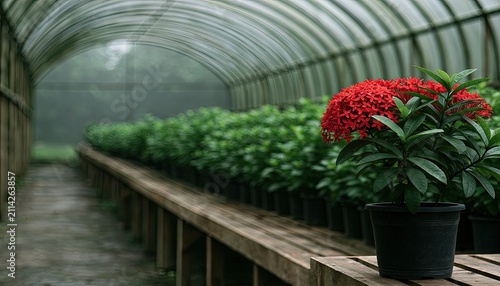 Greenhouse rows of green plants with red flowers in foreground