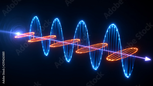 Electromagnetic Wave Frequency Visualization | Blue and Red Sine Wave Physics Concept | Futuristic Signal Transmission Science Background