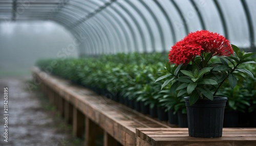 Vibrant red flowers bloom in a greenhouse, rows of green plants stretch into mist
