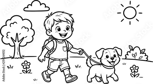 Boy walking dog in park black and white cartoon illustration