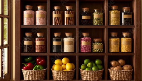 Shelves filled with various ingredients in glass jars and baskets