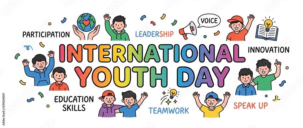Fototapeta premium Celebration of international youth day with diverse children engaged in learning with emphasizing participation leadership illustrations children celebrating