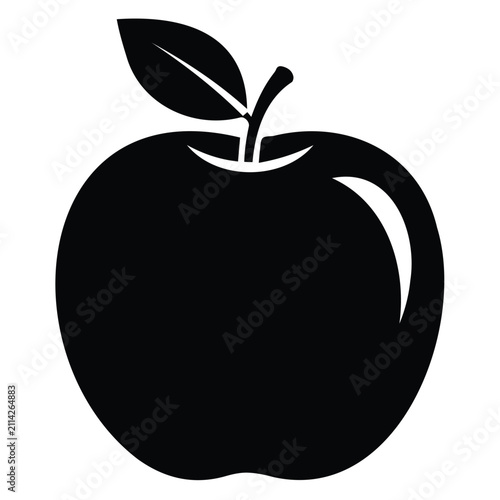 Fresh apple vector silhouette illustration with leaf and stem, healthy fruit line art.