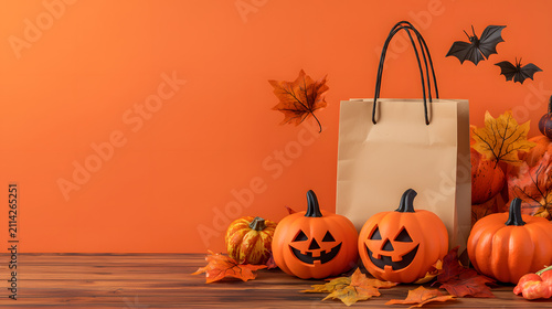Paper shopping bag mockup arranged beside pumpkins and colorful fall leaves on a vibrant orange backdrop, autumn packaging presentation and retail branding concept