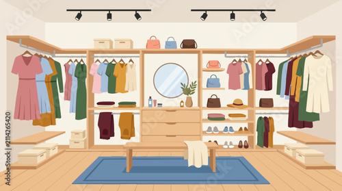 Modern Walk-In Closet Interior with Organized Clothes, Shoes, and Accessories