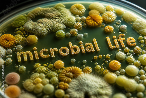 A close-up view of a petri dish teeming with diverse microbial life forms.
