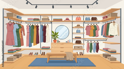 Stylish Walk-in Closet with Organized Clothes, Bags, Shoes, and Accessories