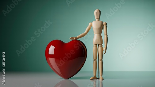 Wooden mannequin standing beside red heart symbol representing love care and compassion