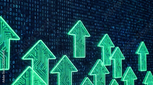Green arrows pointing upwards over a digital background with binary code, symbolizing growth, progress, and technological advancement