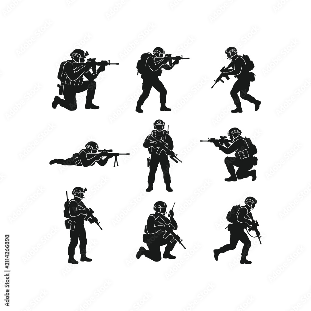 Obraz premium Military Soldier Silhouette Icons and Tactical Poses Set