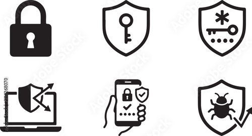 Six security icons with lock and shield symbols for digital protection Vector