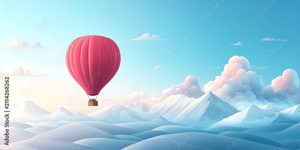 Obraz premium Red Hot Air Balloon Floating Over Snowy Mountain Landscape Under Blue Sky