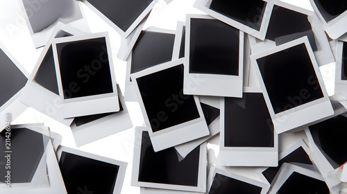 Scattered pile of blank polaroid photos on white background with disorganized heap blank photos black centers photography nostalgia instant with square