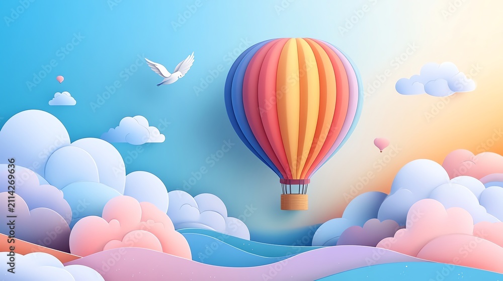 Obraz premium Colorful Hot Air Balloon Floating in Sky with Clouds and Doves