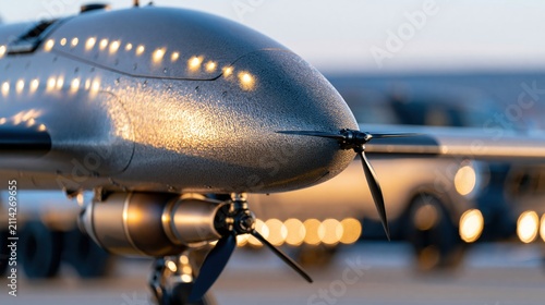 Close-up of a modern reconnaissance drone with a propeller and sensor pod, ready for deployment