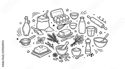 Hand drawn baking ingredients and kitchen utensils doodle set.