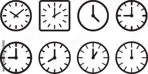 Eight different analog clock designs with various styles Vector