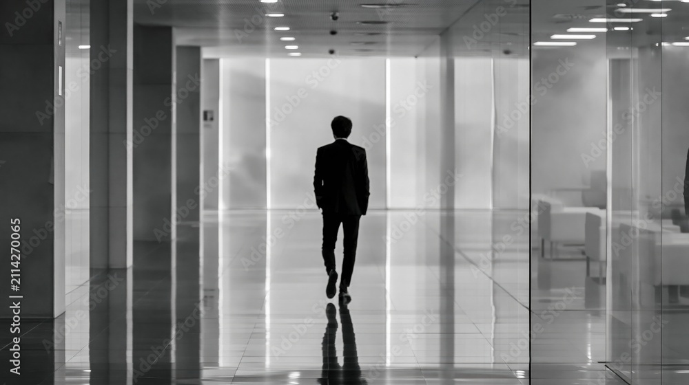 Fototapeta premium Lone businessman in suit walking down modern illuminated office hallway with reflections