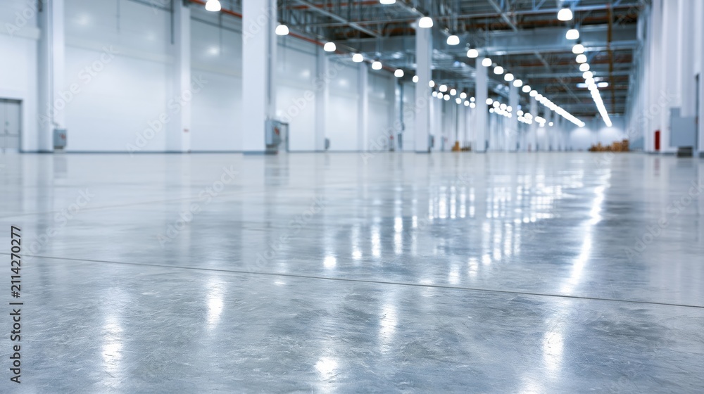 Fototapeta premium Vast, Brightly Lit Industrial Warehouse Interior with Polished Concrete Floor Reflecting Lights