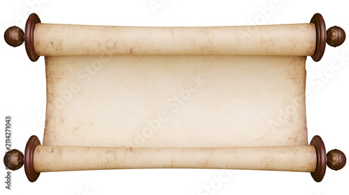 Obraz na płótnie Antique parchment scroll with wooden rollers and decorative knobs, isolated on t
