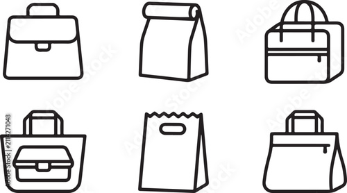 Fotografía Six different style bags and paper lunch bags icon set Vector